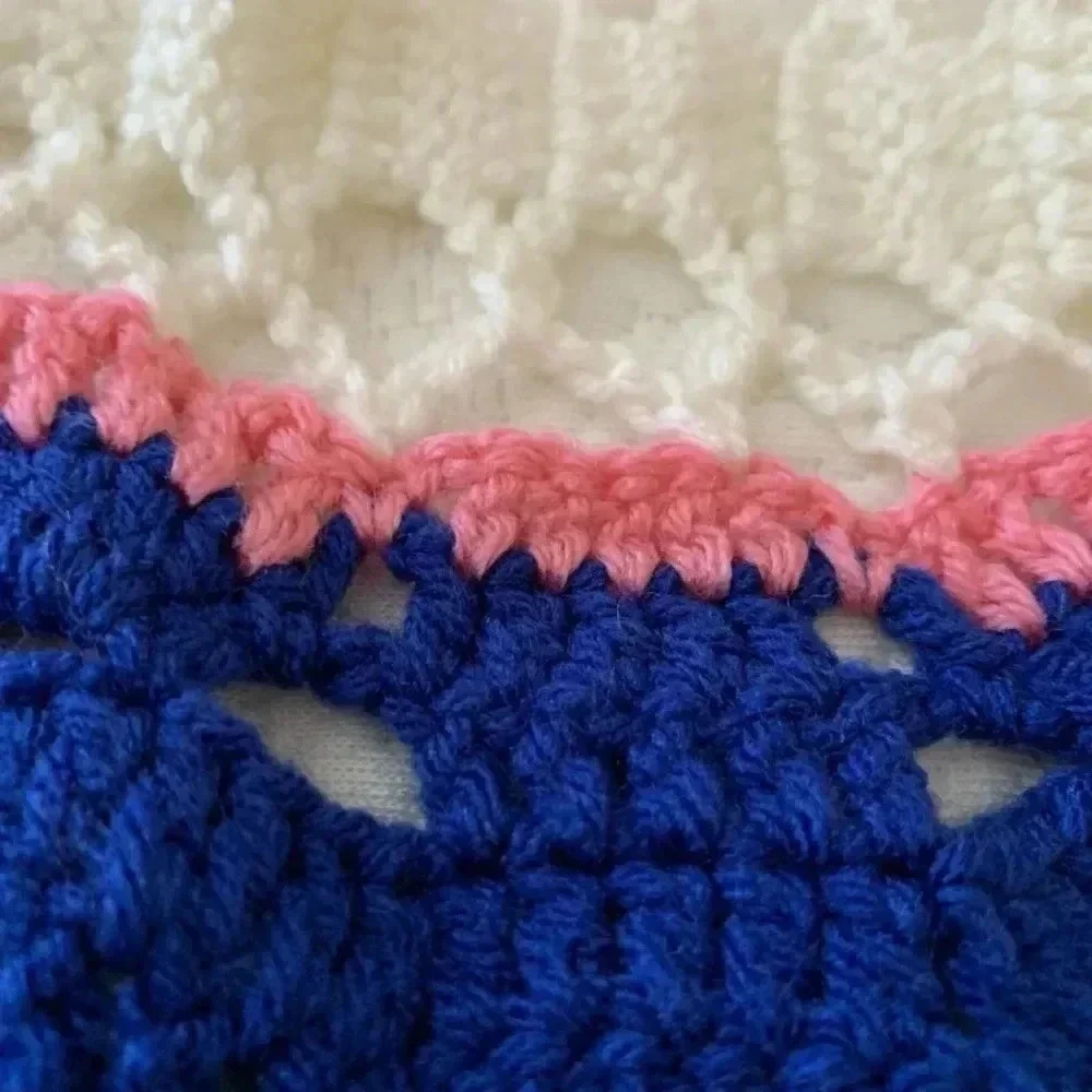 Afghan Crochet Blanket Size 54”x38” Ivory Blue Purple Lacy Edge Hand Crafted New